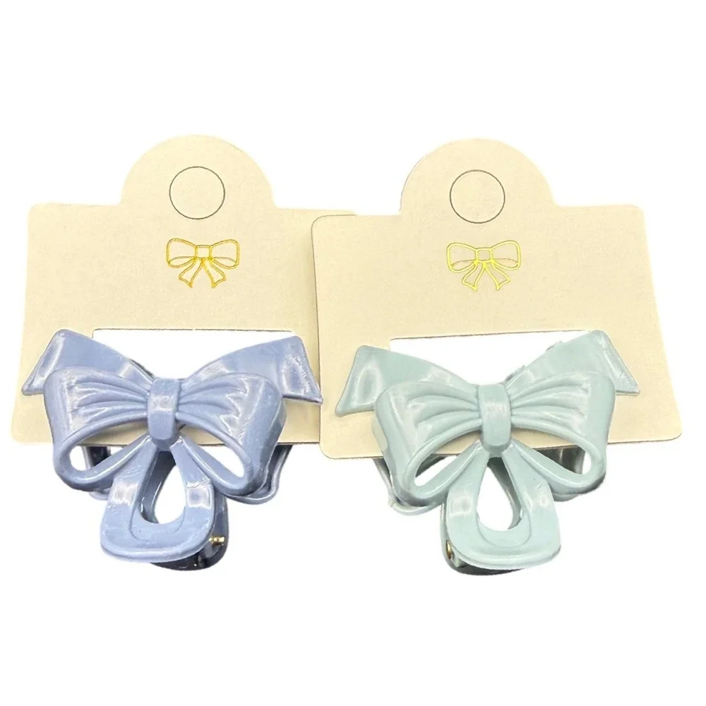 Set of 2 Bow‎ Hair Claw Clips Blue and Green Matte Ribbon Style Hair Accessories